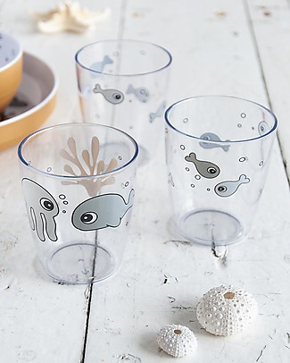 Done By Deer Yummy Mini-Glass 3 Pcs Sea Friends Set - Mustard/Grey Cups & Beakers