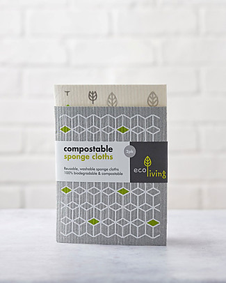 EcoLiving Compostable Sponge Cleaning Cloths - Pack of 2 - Leaf/Cube Home Cleaning