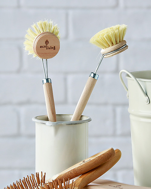 EcoLiving Wooden Dish Brush with Longer Handle - Biodegradable and Vegan! Tableware Detergent
