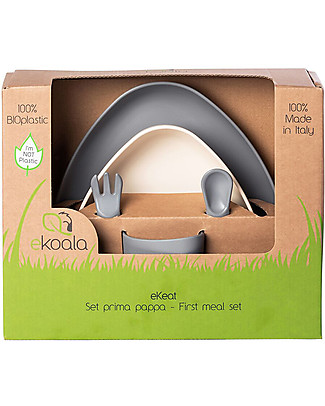 eKoala eKeat - First Meal Set - Grey - Natural Bioplastic 100% Biodegradable - Made in Italy Meal Sets