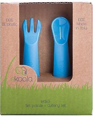 eKoala eKikò - Fork and Spoon Set, Blue - Natural Bioplastic, 100% Biodegradable, Made in Italy Spoons, Cutlery & Chopsticks