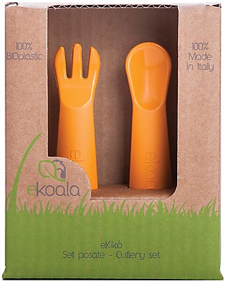 eKoala eKikò - Fork and Spoon Set, Orange - Natural Bioplastic, 100% Biodegradable, Made in Italy Spoons, Cutlery & Chopsticks
