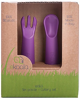 eKoala eKikò - Fork and Spoon Set, Viola - Natural Bioplastic, 100% Biodegradable, Made in Italy Spoons, Cutlery & Chopsticks