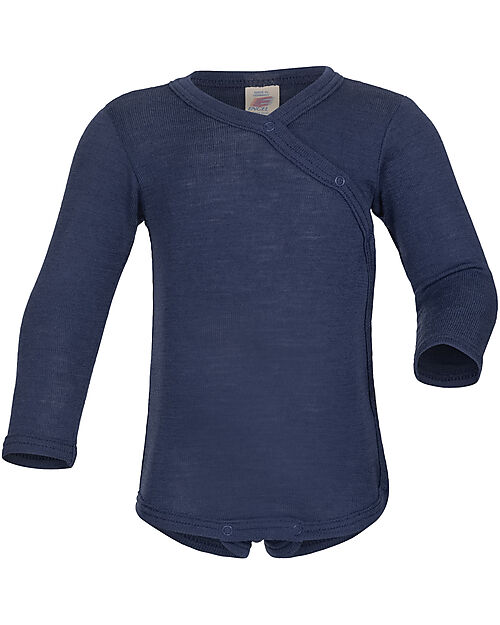 Engel Natur Kimono Long Sleeves Bodysuit with Snap Fasteners - Blue - Virgin Wool and Silk - GOTS Certified Long Sleeves Bodies