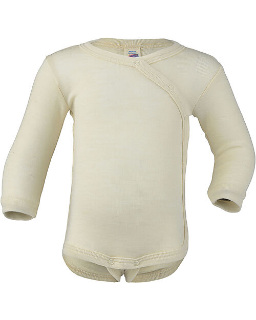 Engel Natur Kimono Long Sleeves Bodysuit with Snap Fasteners - Ecru - Virgin Wool and Silk - GOTS Certified Long Sleeves Bodies