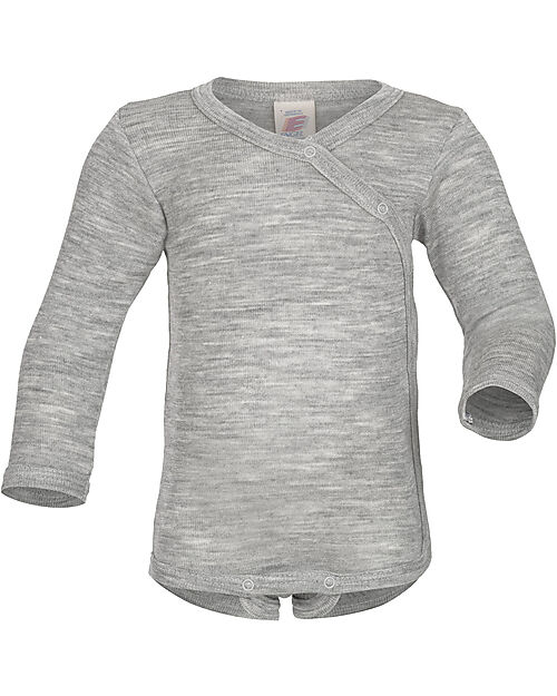 Engel Natur Kimono Long Sleeves Bodysuit with Snap Fasteners - Grey - Virgin Wool and Silk - GOTS Certified Long Sleeves Bodies