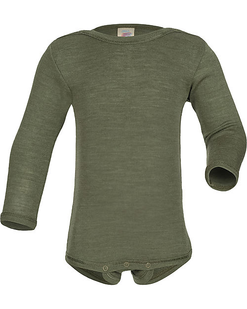 Engel Natur Long Sleeved Bodysuit with Press-Studs - Olive - Virgin Wool and Silk - GOTS Certified Long Sleeves Bodies