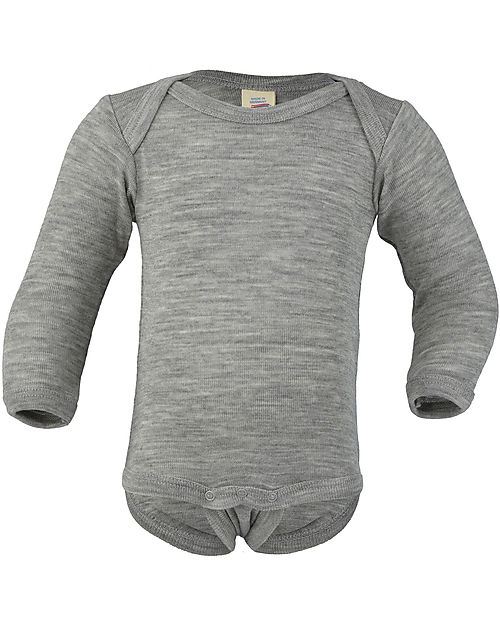 Engel Natur Long Sleeves Bodysuit - Light Grey - Virgin Wool and Silk - GOTS Certified - with Snap Fasteners Long Sleeves Bodies