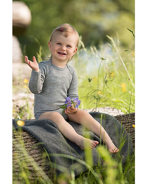 Engel Natur Long Sleeves Bodysuit - Light Grey - Virgin Wool and Silk - GOTS Certified - with Snap Fasteners Long Sleeves Bodies
