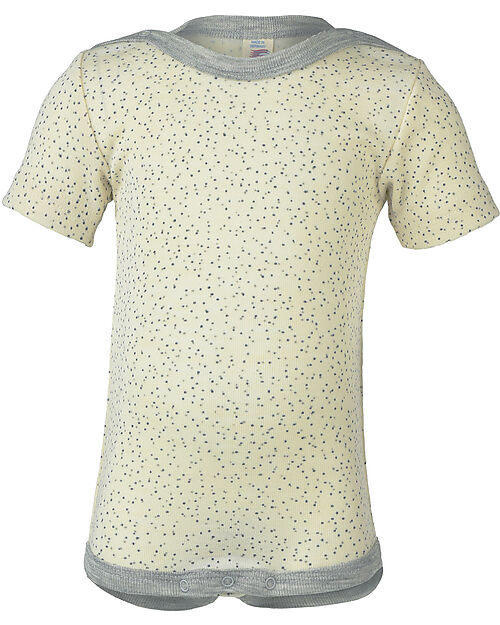 Engel Natur Short Sleeves Bodysuit - Ecru and Grey with Print - Virgin Wool and Silk - GOTS Certified Short Sleeves Bodies