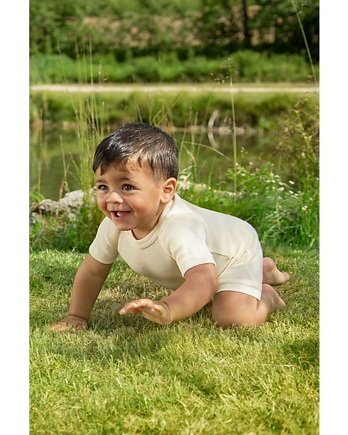 Engel Natur Short Sleeves Bodysuit - Ecru - Virgin Wool and Silk - GOTS Certified Short Sleeves Bodies