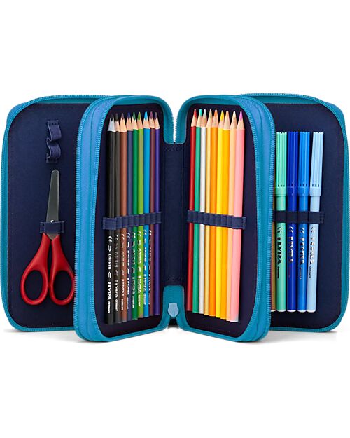 ergobag Maxi Pencil Case Complete - 3 Zips and Coin Pocket - Bearassic Garden - Blue Pencil Cases
