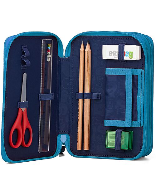 ergobag Maxi Pencil Case Complete - 3 Zips and Coin Pocket - Bearassic Garden - Blue Pencil Cases