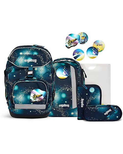ergobag School Set with Maxi Backpack 24 Litres + Sports Backpack + Hard Case + Soft Case + A4 Notebook Holder + 4 Kletties - Space Bear Galaxy Glow Edition Backpack