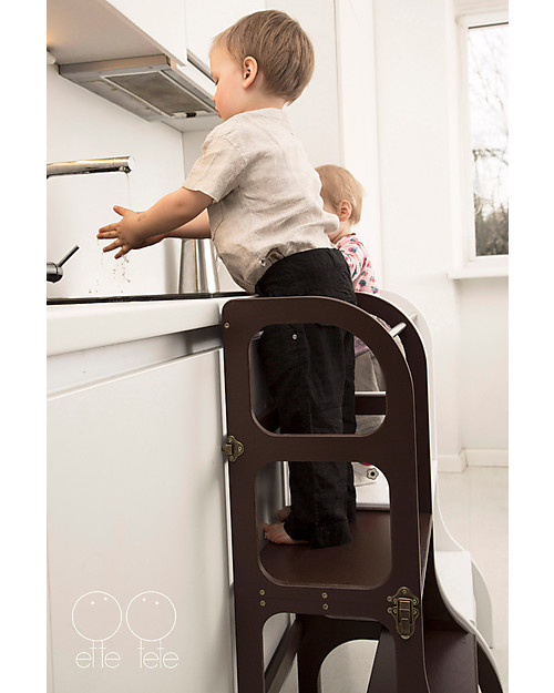 Ette Tete Convertible Montessori Learning Tower Step'n'Sit, Brown with Antique Brass Clasp Locks Montessori Towers