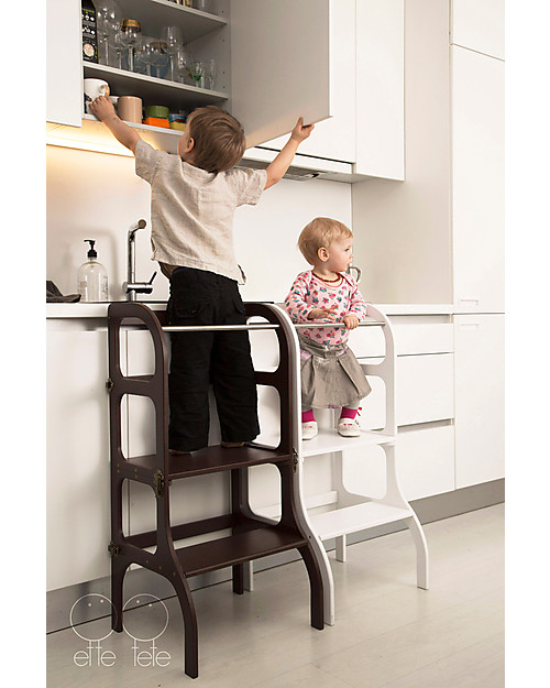 Ette Tete Convertible Montessori Learning Tower Step'n'Sit, Brown with Antique Brass Clasp Locks Montessori Towers