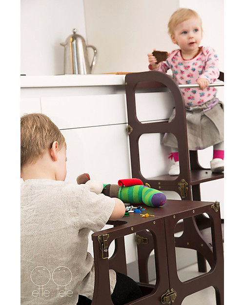 Ette Tete Convertible Montessori Learning Tower Step'n'Sit, Brown with Antique Brass Clasp Locks Montessori Towers