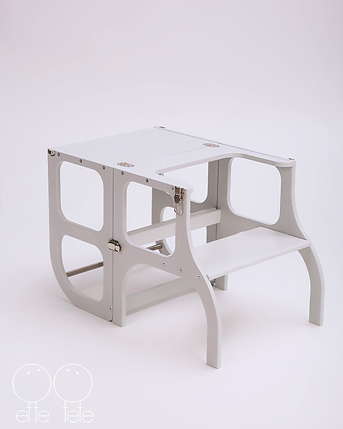 Ette Tete Convertible Montessori Learning Tower Step'n'Sit, Light Grey with Silver Clasp Locks Montessori Towers