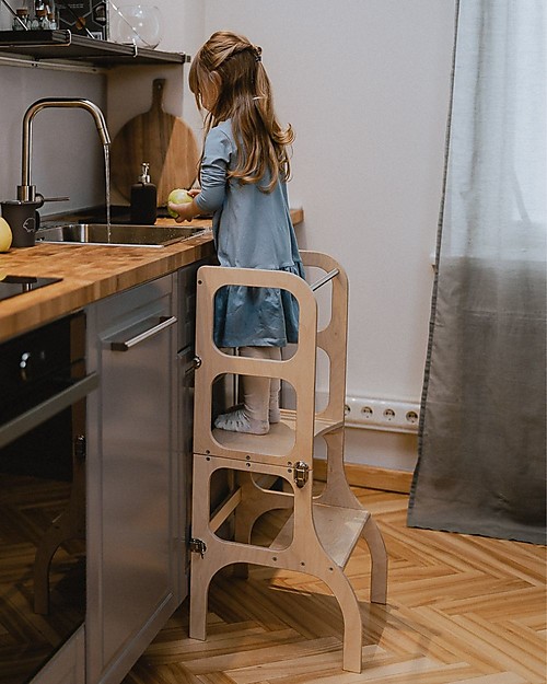 Ette Tete Convertible Montessori Learning Tower Step'n'Sit, Natural with Silver Clasp Locks Montessori Towers