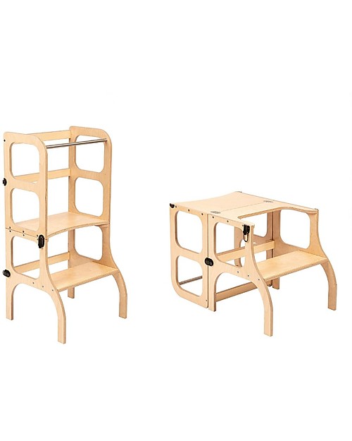 Ette Tete Convertible Montessori Learning Tower Step'n'Sit, Natural with Silver Clasp Locks Montessori Towers