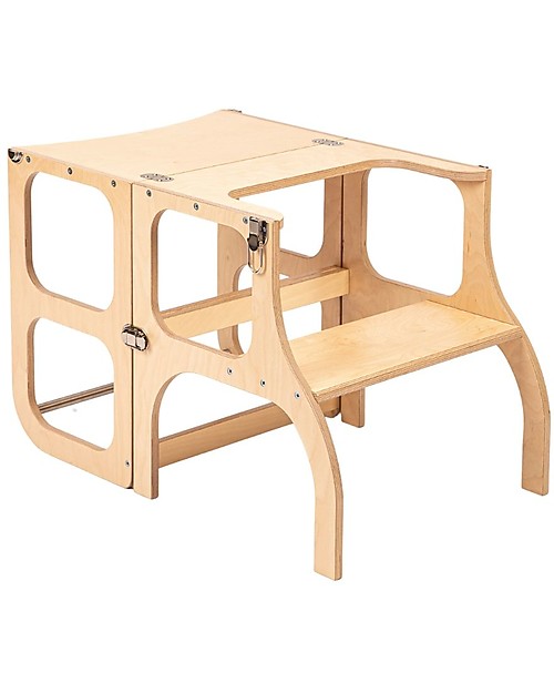 Ette Tete Convertible Montessori Learning Tower Step'n'Sit, Natural with Silver Clasp Locks Montessori Towers