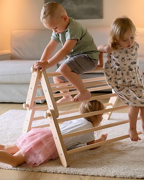 Ette Tete New Adjustable Pikler Wooden Triangle Mopitriwith Ramp, Natural - The safe toy for young climbers! Montessori Toys