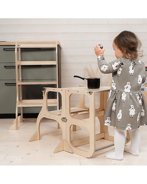 Ette Tete Step'n'Sit Convertible Montessorian Tower - Wood - Natural with Silver Straps - Extra Support Montessori Towers