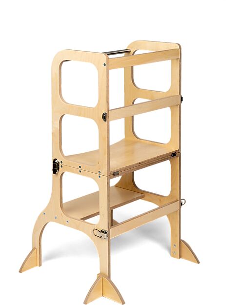 Ette Tete Step'n'Sit Convertible Montessorian Tower - Wood - Natural with Silver Straps - Extra Support Montessori Towers