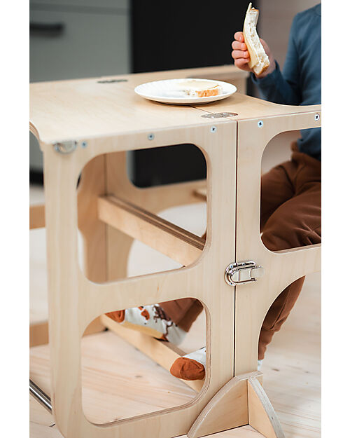 Ette Tete Step'n'Sit Convertible Montessorian Tower - Wood - Natural with Silver Straps - Extra Support Montessori Towers