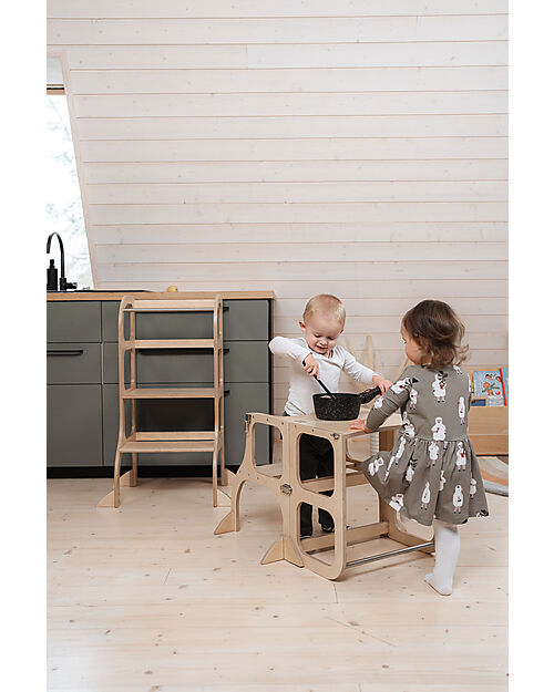 Ette Tete Step'n'Sit Convertible Montessorian Tower - Wood - Natural with Silver Straps - Extra Support Montessori Towers