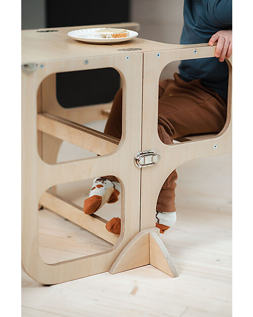 Ette Tete Step'n'Sit Convertible Montessorian Tower - Wood - Natural with Silver Straps - Extra Support Montessori Towers