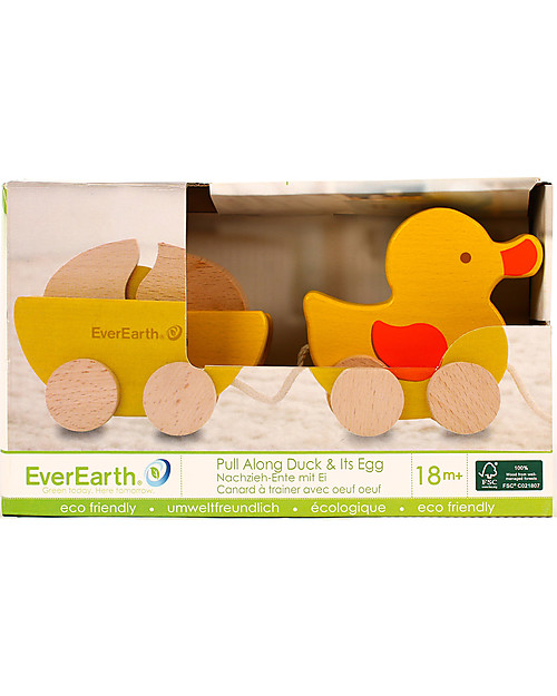 EverEarth Pull along Duck with Egg - Multi-benefits - Certified Wood Pull Toys