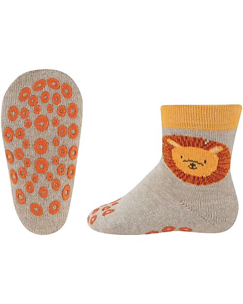 Ewers Anti-Slip Socks Lion - Beige Melange - Organic Cotton GOTS Antislip Socks
