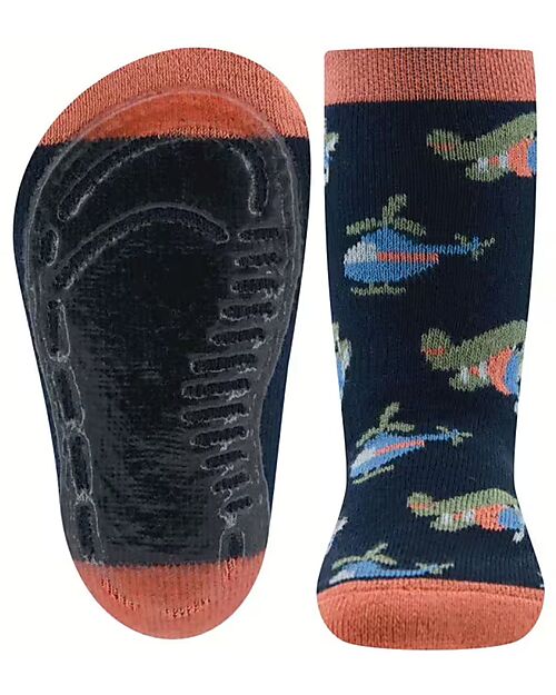 Ewers Anti-Slip Socks SoftStep - Helicopter - Black/Red - Organic Cotton GOTS Antislip Socks