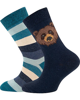 Ewers Set 2 Socks - Stripes and Bear - Blue/Light Blue - Organic Cotton GOTS Socks