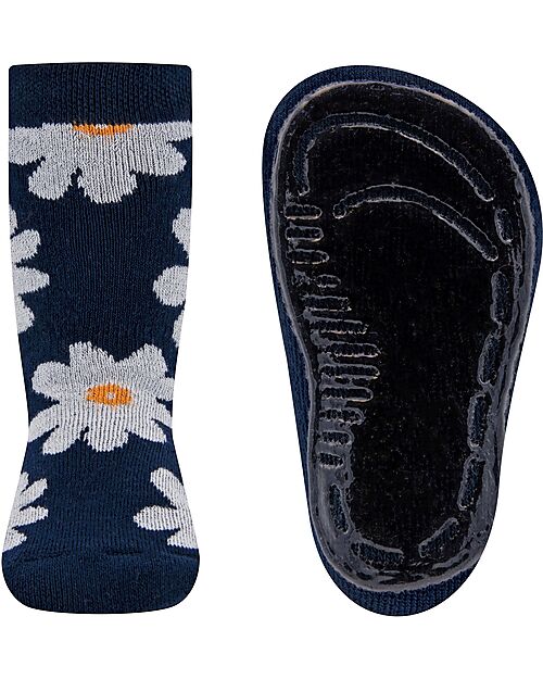 Ewers SoftStep Non-Slip Socks - Flowers - Cotton -  Navy Socks
