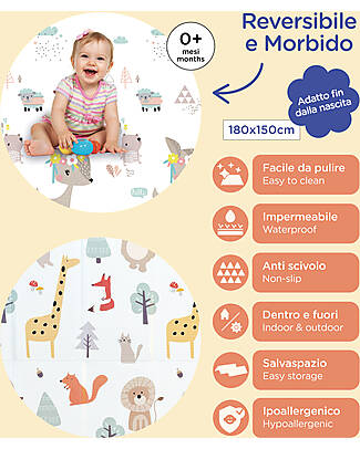 Family Nation 2-in-1 Foldable Montessori Play Mat – Reversible and Soft – Animal Friends – 180x150 cm – From Birth Playmats