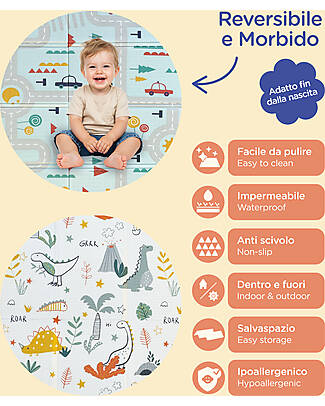 Family Nation 2-in-1 Foldable Montessori Play Mat – Reversible and Soft – Dino Friends – 180x150 cm – From Birth Playmats