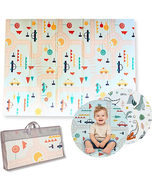 Family Nation 2-in-1 Foldable Montessori Play Mat – Reversible and Soft – Dino Friends – 180x150 cm – From Birth Playmats