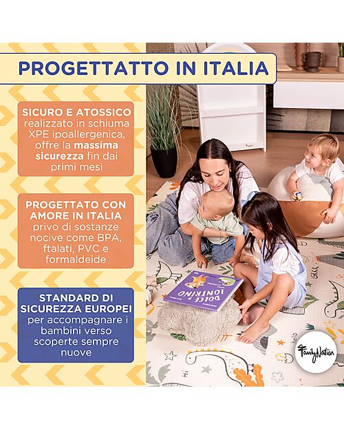 Family Nation 2-in-1 Foldable Montessori Play Mat – Reversible and Soft – Dino Friends – 180x150 cm – From Birth Playmats