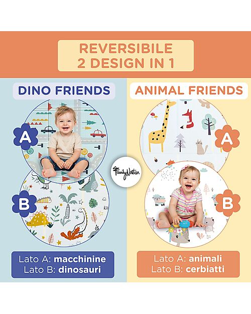 Family Nation 2-in-1 Foldable Montessori Play Mat – Reversible and Soft – Dino Friends – 180x150 cm – From Birth Playmats