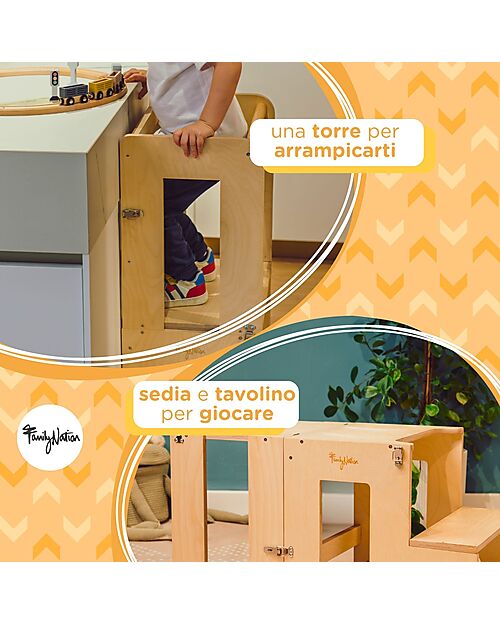 Family Nation 2 in 1 Montessori Learning Tower - Natural - Converts in Table+Chair Montessori Towers