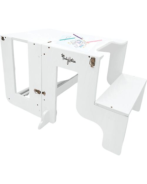 Family Nation 2 in 1 Montessori Learning Tower - White - Converts in Table+Chair Montessori Towers