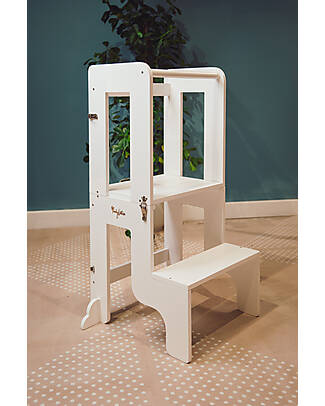Family Nation 2 in 1 Montessori Learning Tower - White - Converts in Table+Chair Montessori Towers