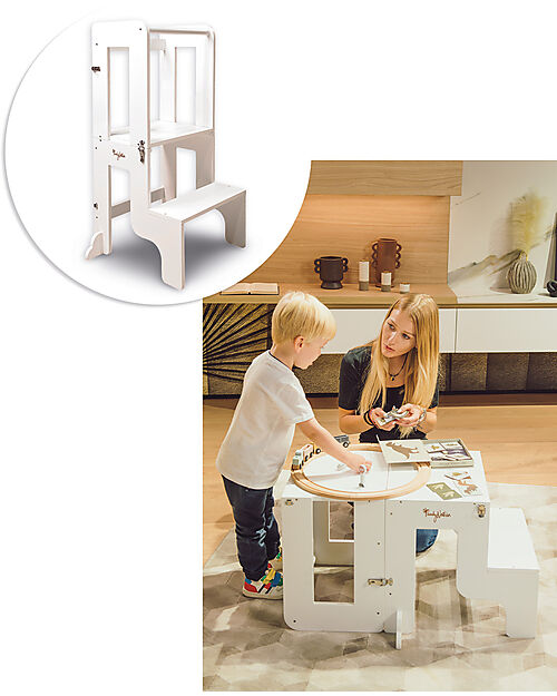 Family Nation 2 in 1 Montessori Learning Tower - White - Converts in Table+Chair Montessori Towers
