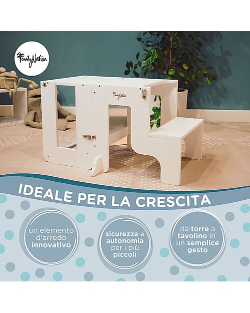 Family Nation 2 in 1 Montessori Learning Tower - White - Converts in Table+Chair Montessori Towers