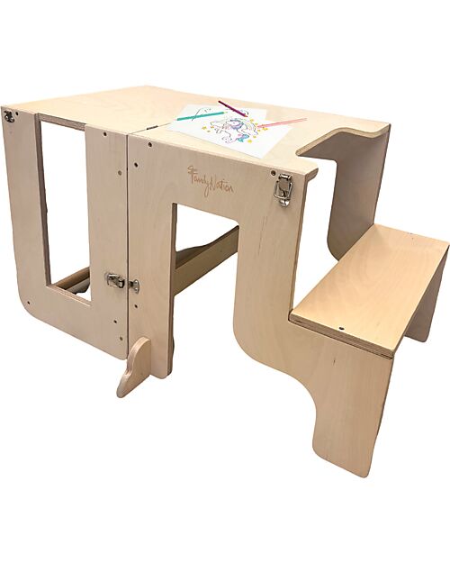 Family Nation 3 in 1 Montessori Learning Tower - Natural - Magnetic Board - Converts in Table+Chair Montessori Towers