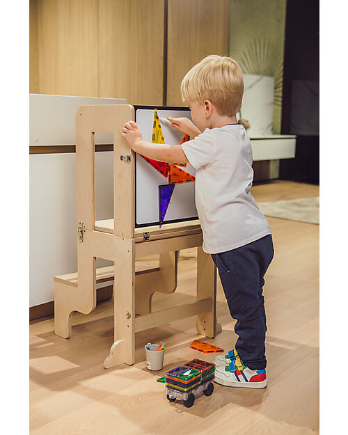 Family Nation 3 in 1 Montessori Learning Tower - Natural - Magnetic Board - Converts in Table+Chair Montessori Towers