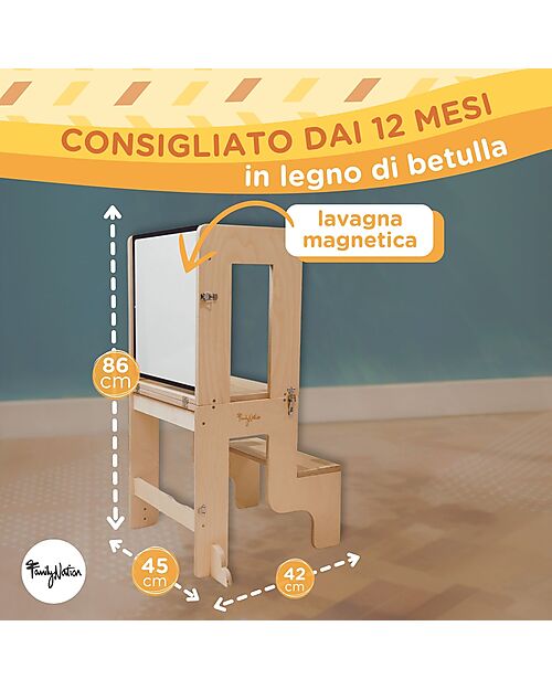 Family Nation 3 in 1 Montessori Learning Tower - Natural - Magnetic Board - Converts in Table+Chair Montessori Towers