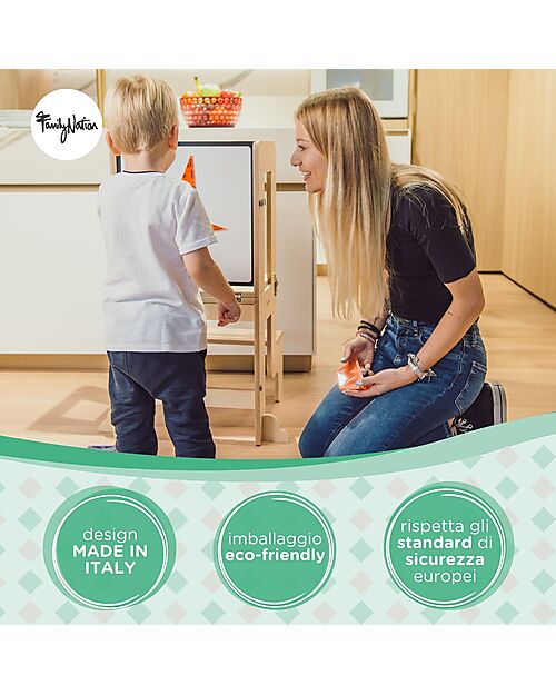 Family Nation 3 in 1 Montessori Learning Tower - Natural - Magnetic Board - Converts in Table+Chair Montessori Towers